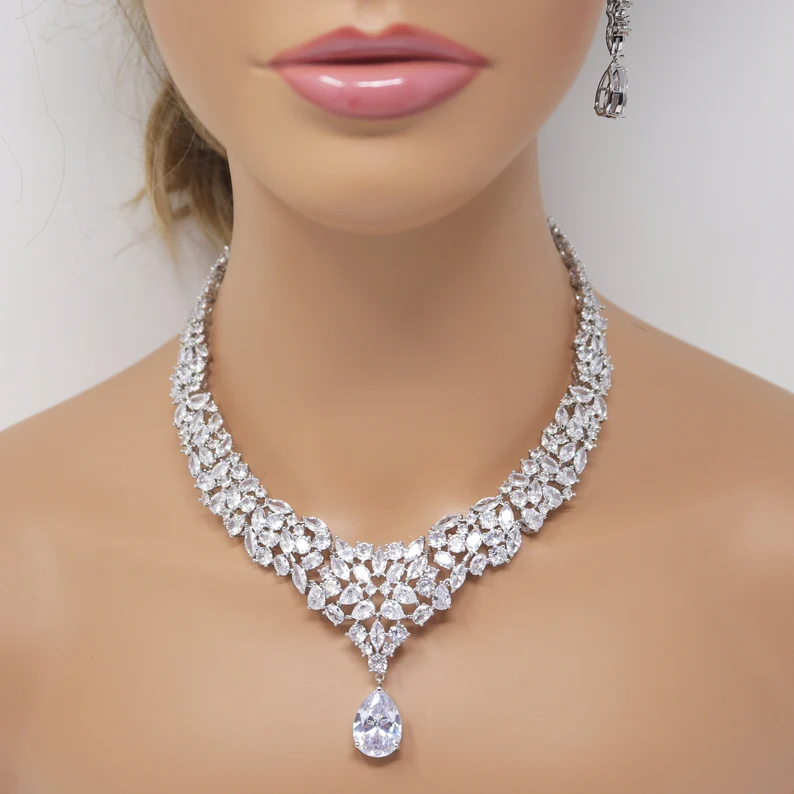 Royal CZ Bridal Necklace and Earrings Set ,