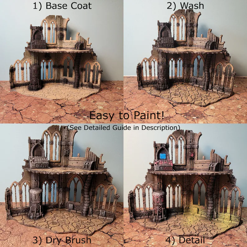 10th Edition 40k Tournament Terrain Set, 3dPrinted Wargame Terrain 28mm Scale Buildings in Ruins, Imperialis Sci fi Gothic Wargaming Scenery