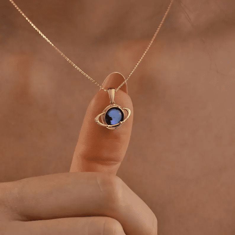 14K Solid Gold Saturn Pendant Necklace