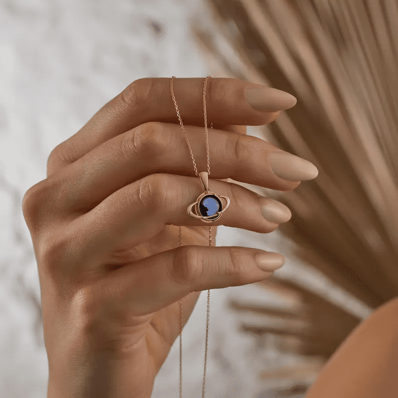 14K Solid Gold Saturn Pendant Necklace