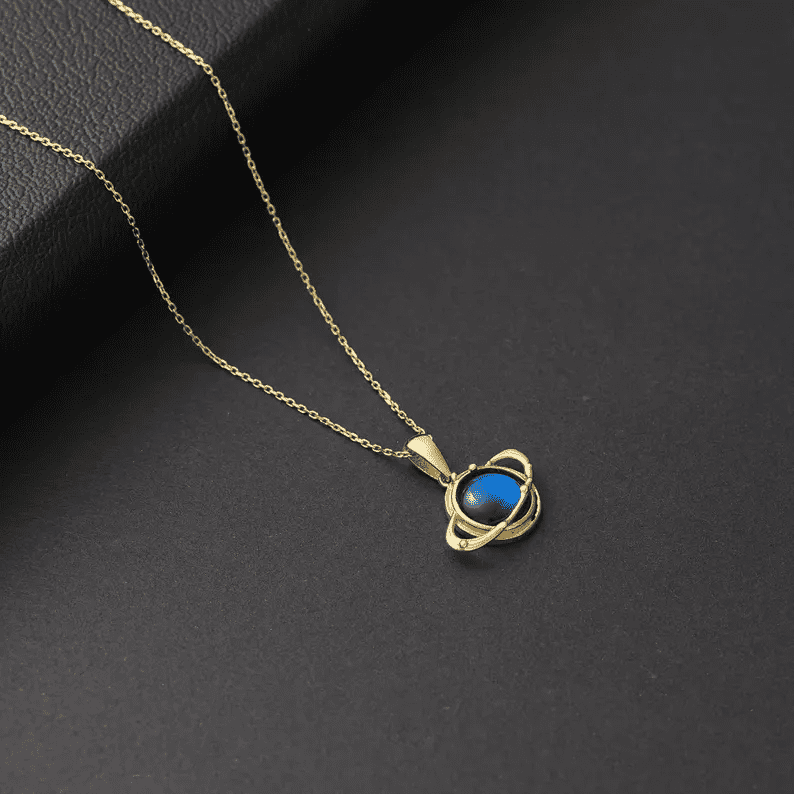 14K Solid Gold Saturn Pendant Necklace