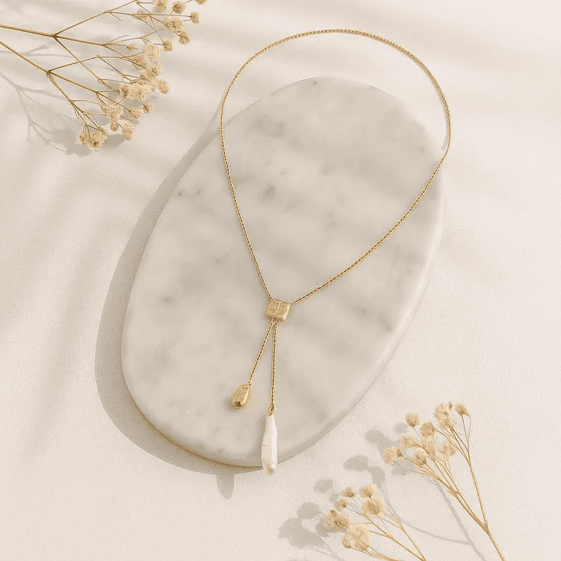 Minimal Gold Pearl Lariat Necklace