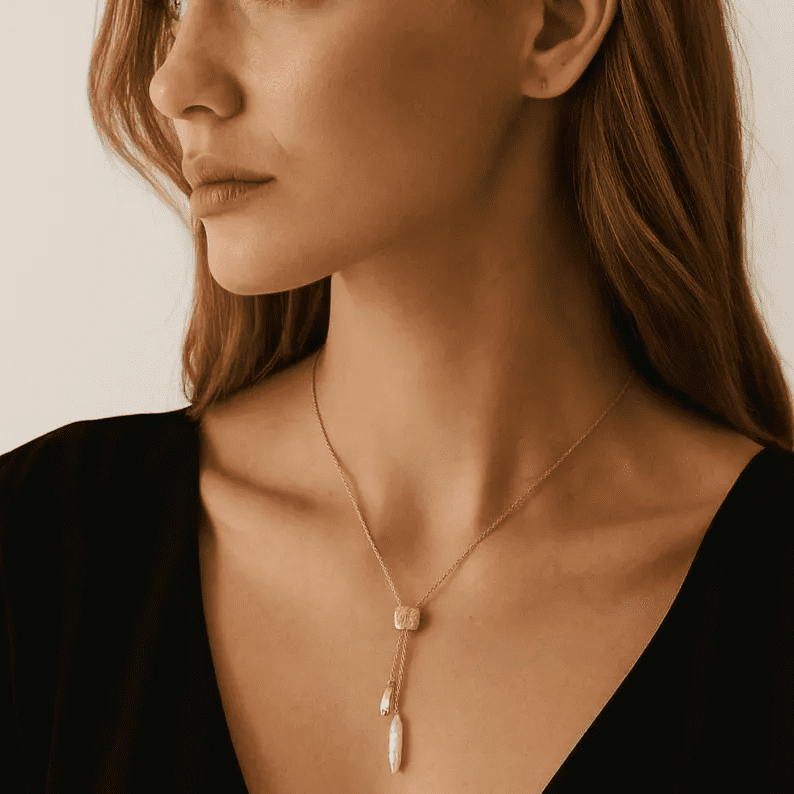 Minimal Gold Pearl Lariat Necklace